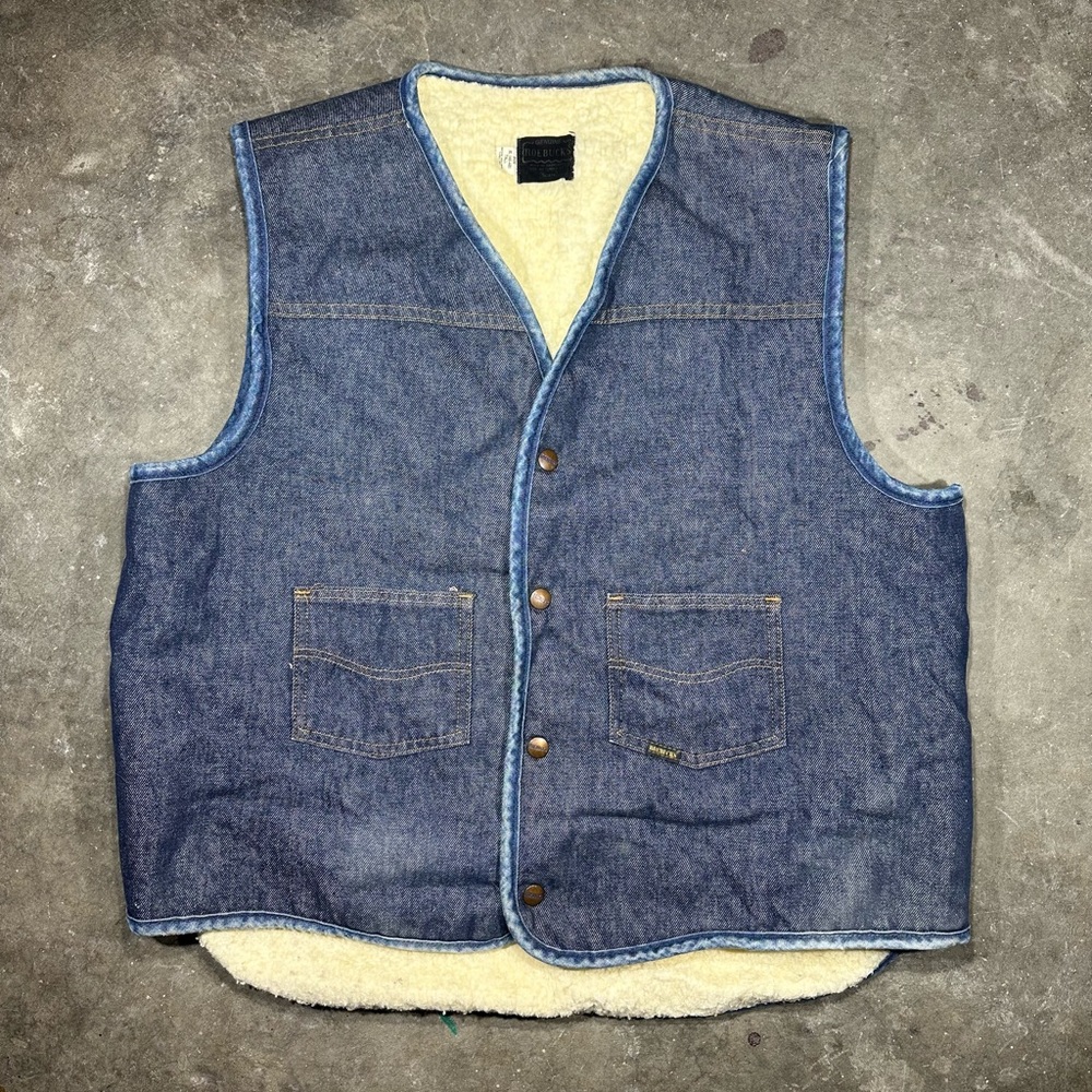 VINTAGE Sears Roebuck Vest Mens  XL Dark Wash Denim Sherpa Lined USA Made